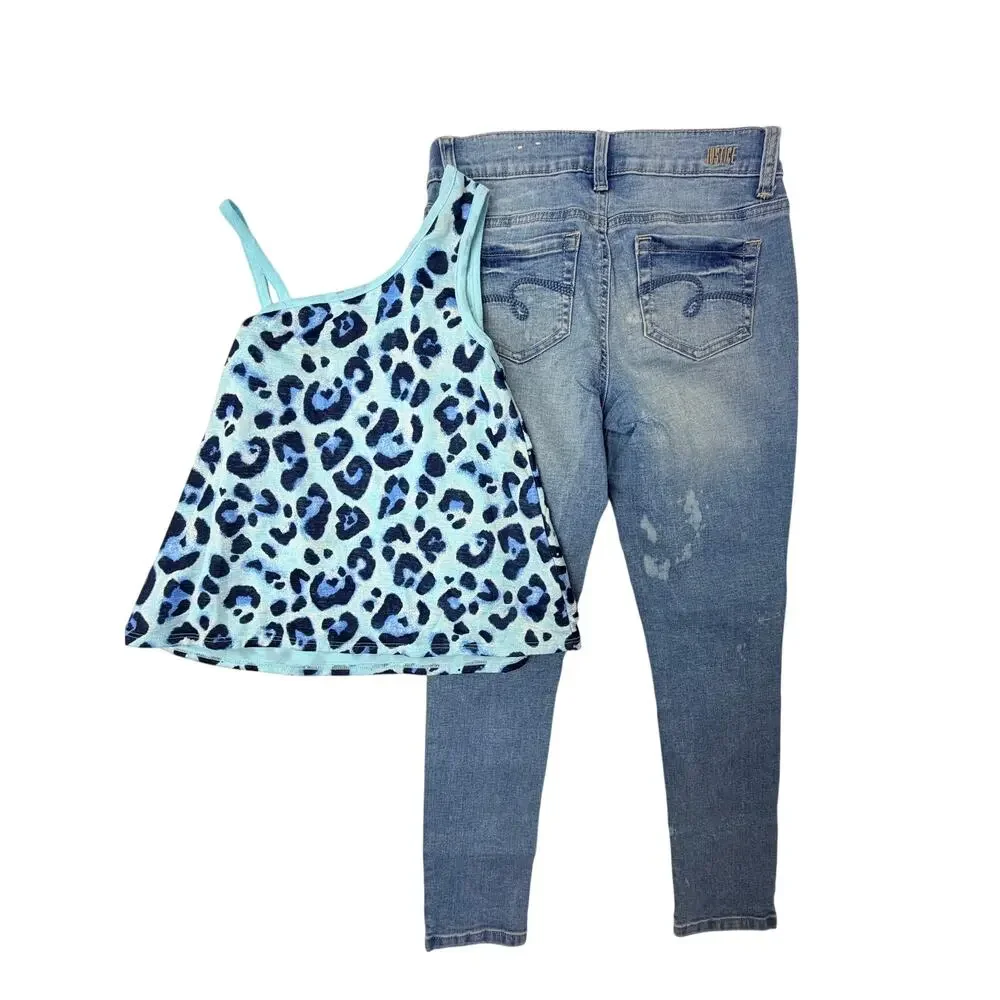Justice Girls Size 12 Outfit Set Blue Leopard One Shoulder Top Mid Rise Jeggings
